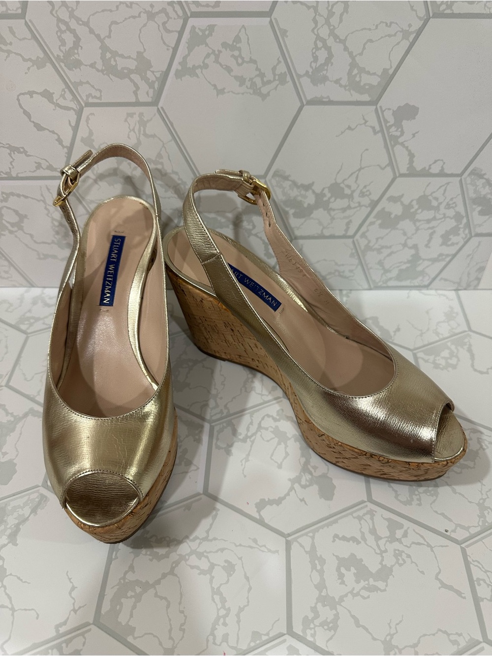 Stuart Weitzman Metallic Gold Peep-Toe Cork Wedge Sandals - Picture 2 of 7